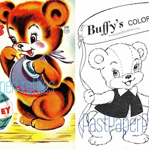 Vintage afdrukbare kleurboekpagina's Buffys Book naar kleur jaren 1960 PDF Instant digitale download schattige kitsch antropomorfe dieren 16 pagina's
