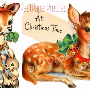 Vintage imprimable mignon renne cerf carte de Noël Images Kitsch du milieu du siècle téléchargement numérique instantané forêt boisée amis Clip Art