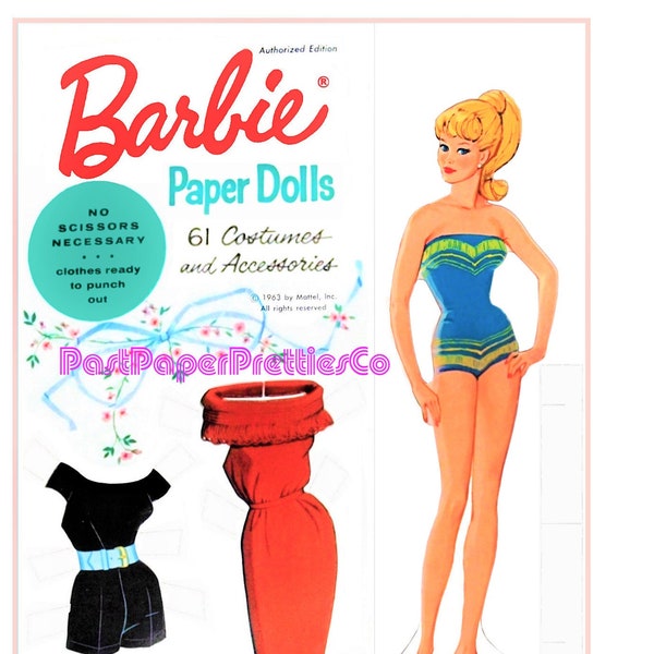 Barbie Paper Dolls 1963 Printable Vintage Blonde Ponytail PDF Instant Digital Download 11.5 Inch Toy Fashion Doll Costumes Accessories Z1