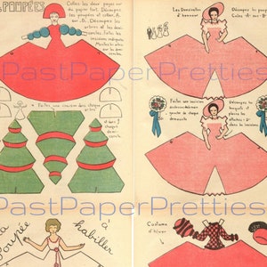 Vintage afdrukbare Franse papieren poppen schattig opstaande 3D meisjes pdf Instant digitale download tuinman bruidsmeisje kerst kegel jurken