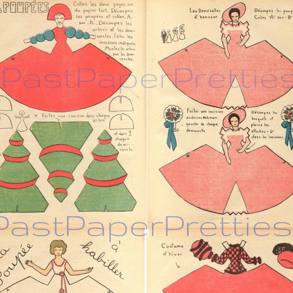 Vintage Printable French Paper Dolls Cute Stand Up 3-D Maidens PDF Instant Digital Download Gardener Bridesmaid Christmas Cone Dresses