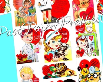 May include: A collection of vintage Valentine's Day cards featuring cute illustrations of children dressed as doctors and nurses. The cards have red hearts and messages like "Valentine!" and "My Heart Beats For You".