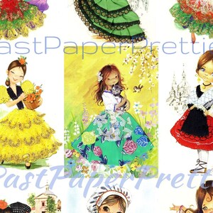 Carte postale vintage imprimable Pretty Big Eyed Spanish Dancer Girls des années 1970 Carte postale Images PDF Téléchargement numérique instantané Robes en tissu Kitsch 300 dpi