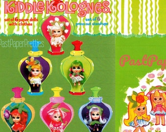 Pode incluir: Um conjunto vintage de seis bonecas de papel com roupas e seis figuras recortadas. As bonecas usam vestidos coloridos e têm flores no cabelo. As bonecas são embaladas em uma caixa verde e branca com o texto "Kiddle Kolognes" e "Past Paper Pretties".