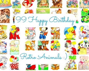 99 Vintage Printable Happy Birthday Animals ATC Cards Collage Sheets Images PDF Instant Digital Download Cute MCM Critters Clipart