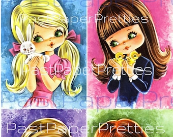 Vintage Printable Pretty Big Eyed Long Haired Girls and Pets 1970s Postcard Retro Swap Card Images PDF Instant Digital Download Mod Girls