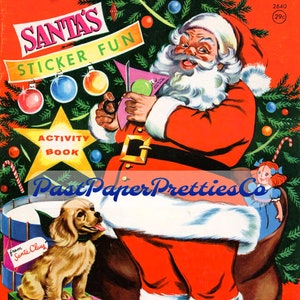 Adesivos de Papai Noel para impressão vintage de Natal, livro divertido, 1967, PDF, download digital instantâneo, e-book para colorir com atividades de férias retrô