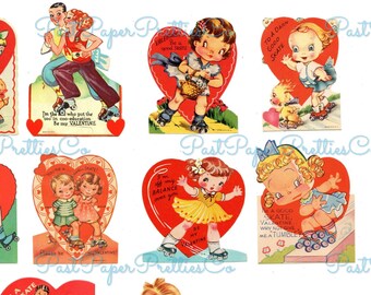 Vintage Printable Valentines Day Cards Retro Rollerskate Girls and Boys All Roller Skate Themed Collage Sheets PDF Instant Digital Download