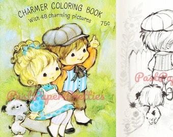 May include: A coloring book cover featuring two children, a boy and a girl, with a dog. The boy is pointing upwards and the girl is sitting on a rock. The book is titled "Charmer Coloring Book" with the text "With 48 charming pictures" and "75c".
