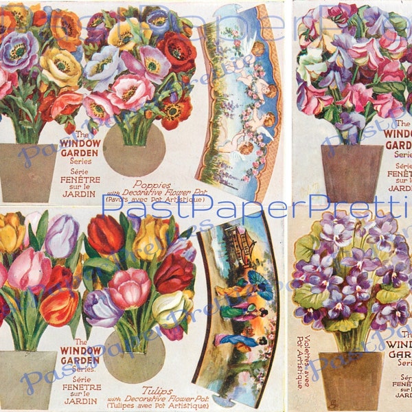 Vintage Printable Antique Flower Pots Bouquets Cut Out & Assemble Postcard Papercrafts PDF Instant Digital Download 12 Window Garden Oilette