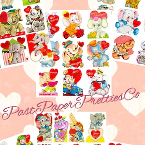 Vintage Saint-Valentin TOUS les éléphants sur le thème carte imprimable Collage feuilles PDF Téléchargement numérique instantané 66 Ellie mignon Clipart animaux