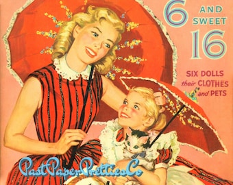 Vintage Paper Dolls 6 and Sweet 16 c. 1955 Printable PDF Instant Digital Download 6 Pretty Big and Little Sister Dress-Alike Dolls Clip Art