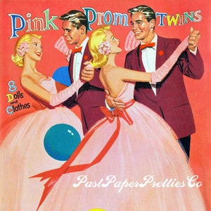Vintage Paper Dolls Pink Prom Twins Girls 1956 Imprimable PDF Téléchargement numérique instantané 8 poupées Teen Teen Teen Doll School Dance Clip Art