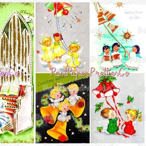38 vintage kerst afdrukbare muzikale engelen collagebladen en volledige kaarten pdf instant digitale kitsch leuke vakantie muziek cherubijn kinderen baby's