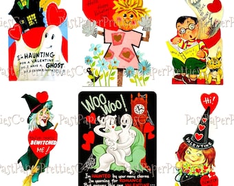 72 vintage afdrukbare retro halloween-valentijnskaarten collagevellen schattige griezelige afbeeldingen pdf directe digitale download ALLE Halloween-thema