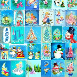 Hojas de collage de tarjetas de felicitación navideñas retro en azul vintage, 45 imágenes festivas de MCM imprimibles, descarga digital instantánea en formato PDF, clip art en 2 tamaños