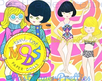 Vintage Paper Dolls Tini Tot Mods c. 1969 Printable PDF Instant Digital Download Groovy Hippie Mod Fashions Clip Art