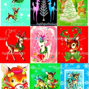 Vintage Printable Retro MCM Christmas Reindeer Collage Sheets and Full Card Images PDF Instant Digital Download Mid Mod Century Deer Clipart