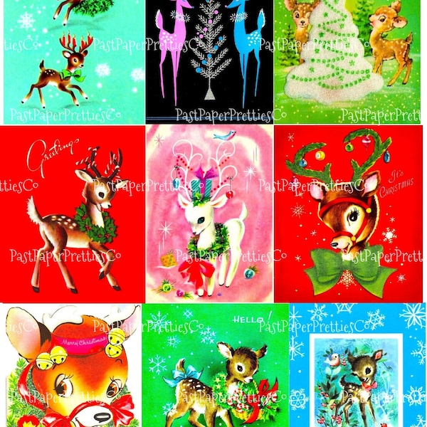 Vintage Printable Retro MCM Christmas Reindeer Collage Sheets and Full Card Images PDF Instant Digital Download Mid Mod Century Deer Clipart