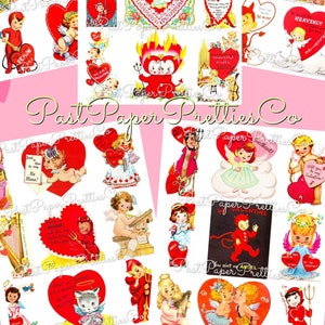 Hojas de collage de imágenes para tarjetas imprimibles con temática de ángeles y demonios del Día de San Valentín vintage, descarga digital instantánea en formato PDF, 45 imágenes prediseñadas de corazones lindos