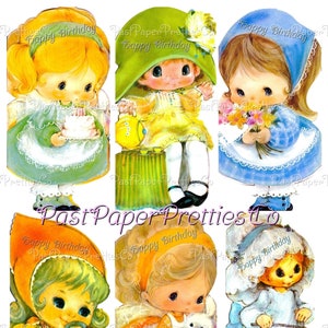 Folhas de colagem de feliz aniversário para meninas antigas vintage + imagens únicas cartões de felicitações retrô para impressão em PDF para download digital instantâneo