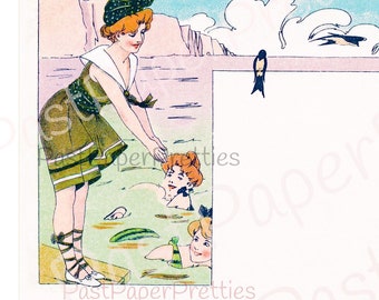 Vintage Printable Victorian Bathing Beauties Beach Postcard Images c. 1901 PDF Instant Digital Download Pretty Ladies Beach Seaside 600 dpi
