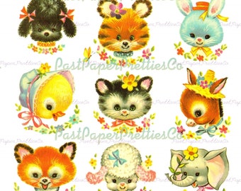 Könnte beinhalten: Ein digitales Collage-Blatt mit 12 niedlichen Comic-Tieren mit floralen Akzenten. Die Tiere umfassen einen Bären, einen Hund, ein Reh, einen Tiger, ein Kaninchen, ein Küken, eine Katze, einen Esel, einen Fuchs, ein Lamm und einen Elefanten. Die Tiere tragen alle Schleifen und sind von Blumen umgeben.