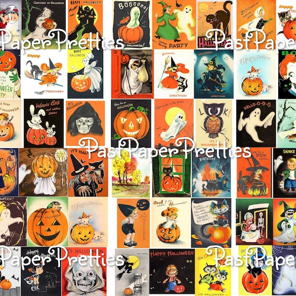 Vintage Halloween Printable Collage Cards Retro Mid Century Images PDF Instant Digital Download Cute Spooky Clip Art 2 Sizes