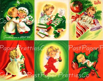 Vintage Printable Christmas Angel Kids Cards Collage Sheets Cute Boy Girl Cherubs Holiday Images PDF Instant Digital Download 18 Designs
