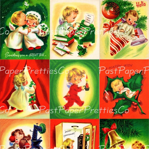 Vintage Printable Christmas Angel Kids Cards Collage Sheets Cute Boy Girl Cherubs Holiday Images PDF Instant Digital Download 18 Designs