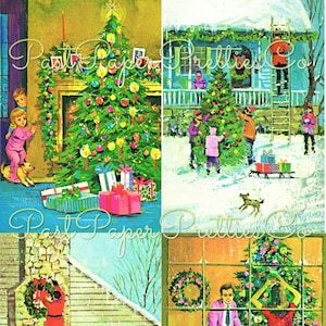 Vintage Mid Century Happy Family Zuhause für Weihnachtskarte Postkarte Bilder c. 1950er Jahre PDF Sofortiger Digitaler Download JPEGS 300 dpi Urlaub Clipart