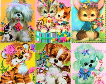 Op de afbeelding: Negen vintage illustraties van dieren met bloemen en andere decoraties. De dieren omvatten een eend, een olifant, een leeuw, een poedel, twee katten, een konijn, een tijger, een hond en een poedel. De illustraties zijn in cartoon-stijl en zijn gedrukt op een witte achtergrond.