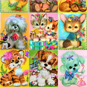 Vintage druckbare Grußkarten Retro 70er Jahre Big Eyed Animals Collage & Einzelbilder PDF Sofort Digital Download Süße Kitsch Zootiere