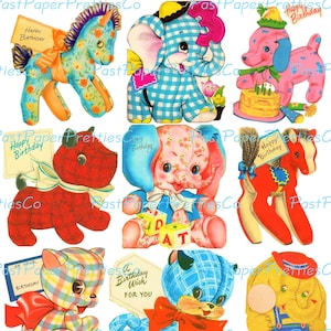Vintage druckbare alles Gute zum Geburtstag Stofftier Kuscheltiere Grußkarten Retro Collage & einzelne Bilder PDF Sofortiger digitaler Download