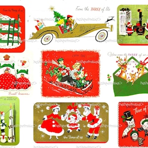 Vintage afdrukbare MCM kerstgezin van 3 van ons drieën kaartafbeeldingen 2 formaten collages volledige kaarten pdf direct digitale download retro