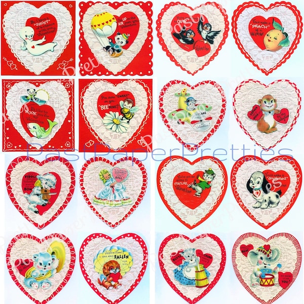 16 cartes de Saint-Valentin coeurs imprimables en napperon en papier, images anthropomorphes d'animaux et d'objets adorables PDF à téléchargement numérique instantané