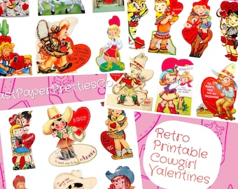 May include: A collection of vintage-style printable Valentine cards featuring illustrations of cowgirls and cowboys with hearts, lassos, and horses. The cards include text such as "I want you to be my hunny," "I'll rope you for my valentine," and "Wanted."