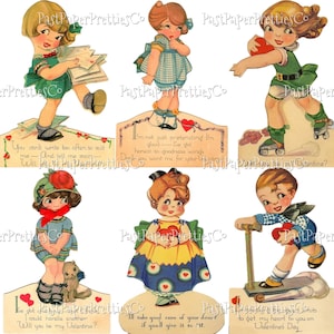 Vintage 1930s Printable Valentines Cute Coy Kids Children Card Imagens PDF Download Digital Instantâneo Kitsch Kawaii Cute Girls Boy Clip Art