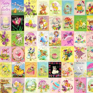 63 vintage paaswenskaartafbeeldingen collagevellen afdrukbare pdf Instant digitale download schattige dieren eieren bloemen ATC-formaat