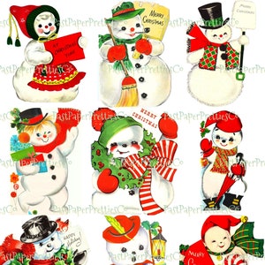 Imagens de cartões de Natal de boneco de neve fofos para impressão vintage 3 tamanhos Fussy Cuts Colagens Cartões completos PDF Download digital instantâneo TODOS os clipart de bonecos de neve