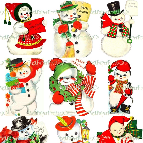 Vintage Printable Cute Snowman Christmas Card Images 3 Sizes Fussy Cuts Collages Full Cards PDF Instant Digital Download ALL Snowmen Clipart