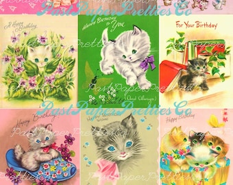 Vintage Printable Kitty Cat Happy Birthday Collage Sheets Retro Greeting Card Images PDF Instant Digital Download All Kittens Clipart