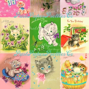 Folhas de colagem de feliz aniversário de gatinhos para impressão vintage Imagens de cartões de felicitações retrô PDF Download digital instantâneo Todos os clipart de gatinhos