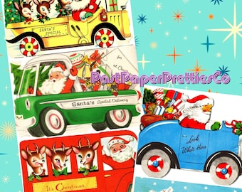 Tarjetas navideñas vintage imprimibles de vehículos especiales de reparto de Papá Noel en formato PDF para descarga digital instantánea. Imágenes kitsch de coches, camiones y autobuses de mediados de siglo.