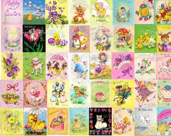 63 Vintage Easter Greeting Card Images Collage Sheets Printable PDF Instant Digital Download Cute Animals Eggs Flowers ATC Size