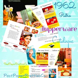 May include: A vintage 1962 Tupperware catalogue cover with a retro design. The cover features a woman holding a Tupperware container and a colorful illustration of a kitchen scene. The text "Tupperware Catalogue" is prominently displayed in a purple and white font.