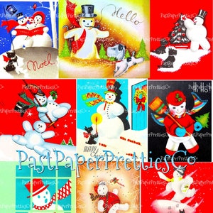 27 Folha de colagem de boneco de neve de Natal Art Déco vintage e cartões completos para impressão Bonecos de neve PDF Instant Digital Retro Kitsch Kawaii 300 dpi