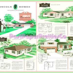 May include: A vintage advertisement for Lincoln Homes, featuring four different house plans: Marge, Marie, Susan, and a fourth unnamed plan. Each house plan includes a floor plan, a description of the home, and a price list for various features. The advertisement is printed on a green and pink background.