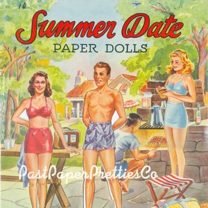 Lalki papierowe Vintage Summer Date 6 Lalki dla nastolatków ok. 1948 PDF Do druku Natychmiastowe pobieranie cyfrowe Chłopiec Dziewczyna Lato Przyjaciele nastolatków Clip Art