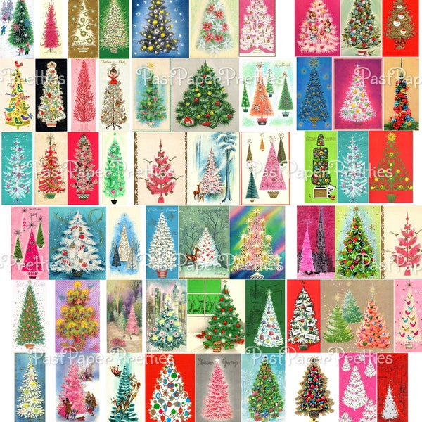 Vintage Printable Fabulous Retro Christmas Tree Collage Sheets 54 Images 2 Sizes PDF Instant Digital Download Mod Mid Century Trees